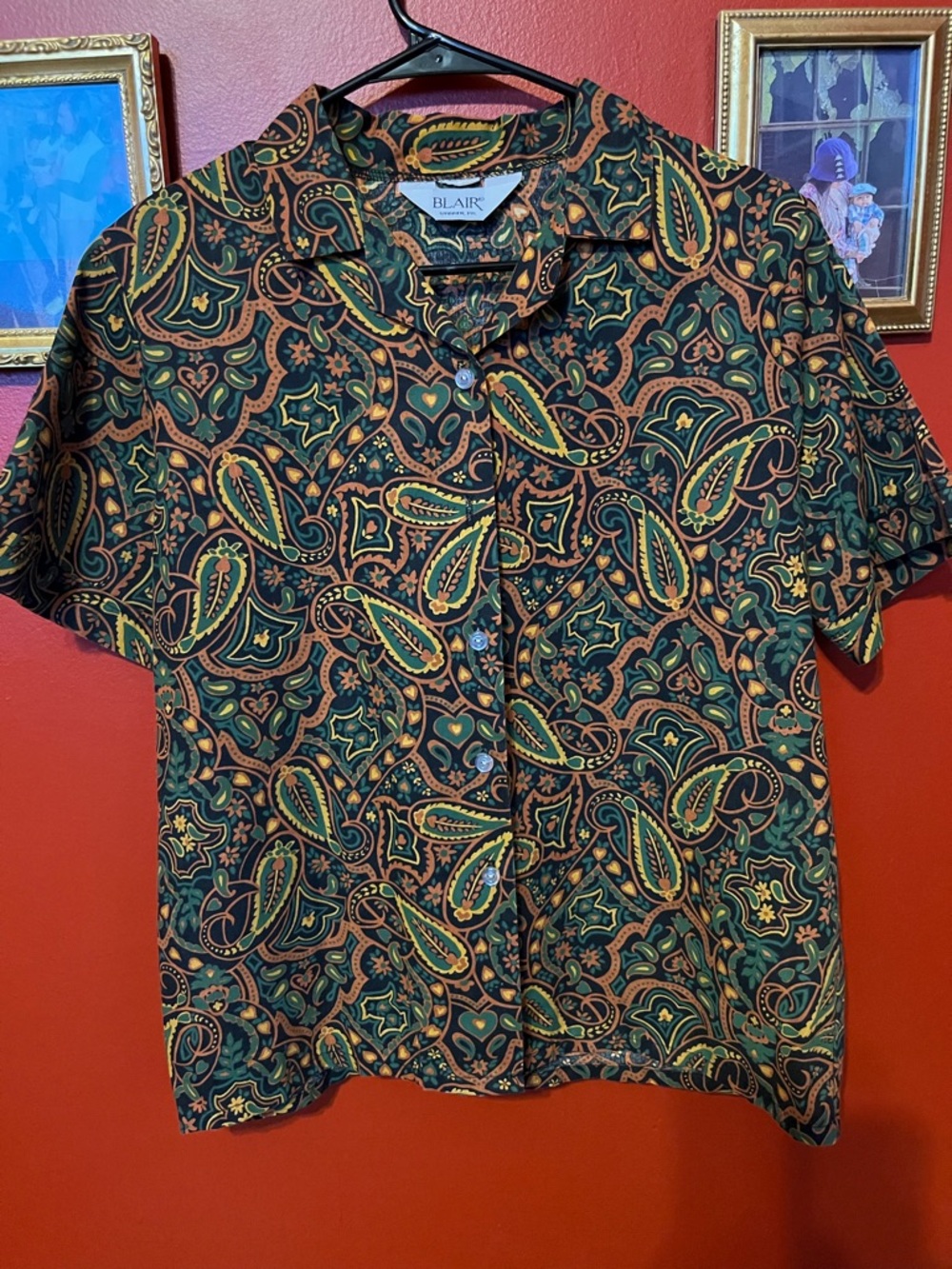 Blair Short-Sleeve Paisley Button-Down Shirt in Green & Brown